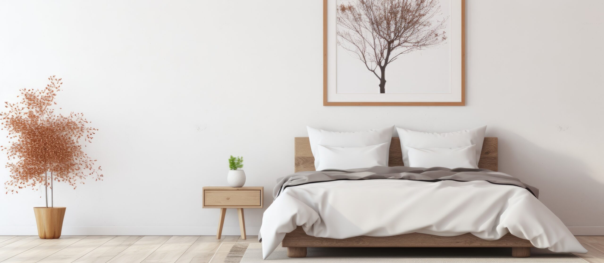 A fixture of a tree is displayed on the wall above the bed, adding a touch of nature to the rooms decor. The wooden decor complements the furniture and flooring in the building